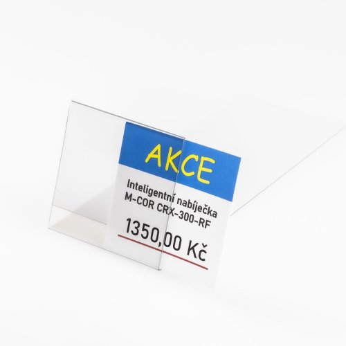 Stojan z priehľadného plastu na vkladanie cenovky - typ PVC-S1-2- predĺžený.Stojan má predĺženú základňu.